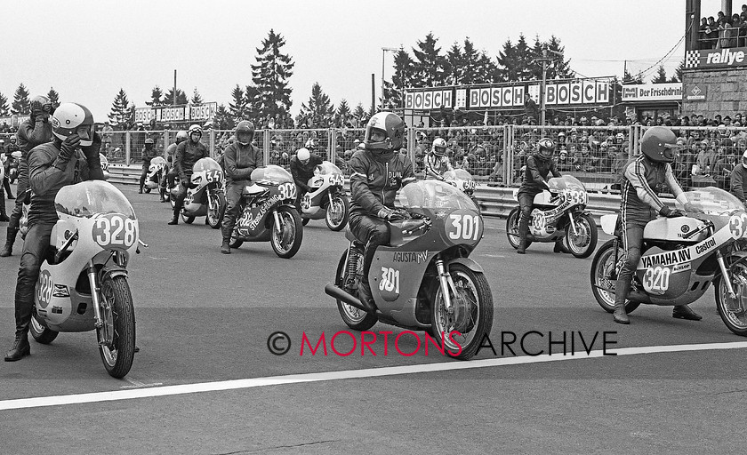 022 2 
 Startline at the 1972 Nurburgring in Germany No. 301 Agostini on a 350 MV there was som intinidating looks at the start of the 350 between Saarinen (Yamaha) and Agostini. 
 Keywords: 2015, Classic Racer, Classic Racer People, Jan/Feb, Mortons Archive, Mortons Media Group Ltd