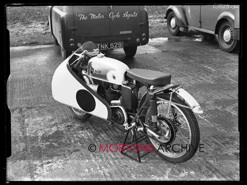17097-02 
 'Specials Day' at Silverstone 1956. The dustbin faired 125cc LEF, built by Lewis, Ellis and Foster. 
 Keywords: 125cc, 125cc l.e.f, 17097-02, 1956, glass plate, lewis ellis and foster, Mortons Archive, Mortons Media, Mortons Media Group Ltd, silverstone, specials, Specials Silverstone 1956, Straight from the plate, tcm, the classic motorcycle