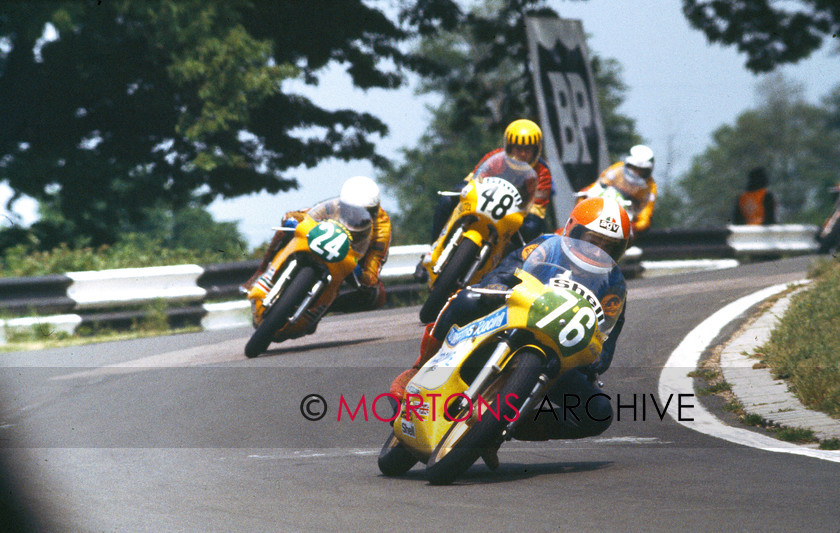 0015 
 Post TT Mallory Park, 11.06.1978 - NO. 76 Chas Mortimer leads No. 24, Clive Padgett, No. 48 John Cowie and Barry Woodland all 250 Yamaha 
 Keywords: 1978, June, Mallory Park, Mortons Archive, Mortons Media Group Ltd, Nick Nicholls, Post TT