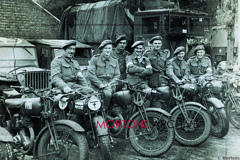 BSA63a 
 Cheery group of 1 Corps DRs November 1944. Left to right L/Cpl Aird, Cpl Slowman, L/Sgt Roe, Lt AC Stock (the OC), Sgt Frears, Cpl Broadly and L/Cpl Hall. 
 Keywords: BSA, BSA Bookazine, Mortons Archive, Mortons Media, motor cycle, motorcycle