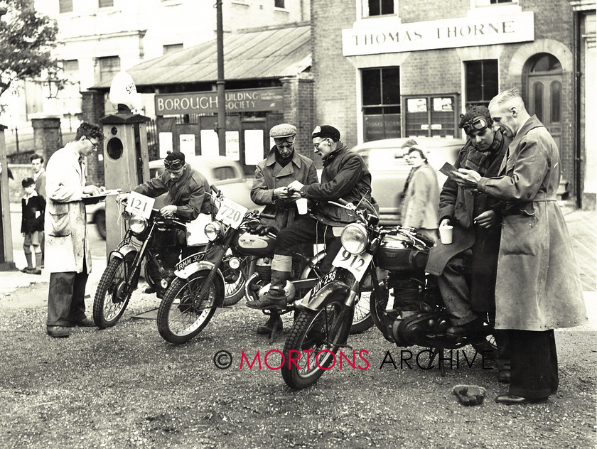 062 SFTP 01 
 Three competitors at one of the 130 start points. Machines are (from left) an AJS single, a competition James and a B-series BSA. 
 Keywords: Mar 11, Mortons Archive, Mortons Media Group, Straight from the plate, The 1951 National ACU Rally, The Classic MotorCycle