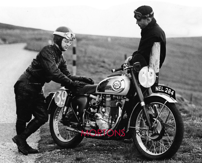 Goldie 08 
 Derek Powell’s 1953 Junior Clubman winner, about to be tested by journalist Vic Willoughby. 
 Keywords: BSA, Gold Star, Mortons Archive, Mortons Media Group