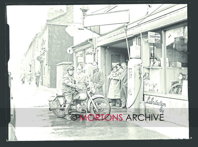 057 SFTP 04 
 F H Roberts (Douglas) stops for a break outside this garage 
 Keywords: 1954, ACU National Rally, Glass plate, Mortons Archive, Mortons Media Group Ltd, Straight from the plate, The Classic MotorCycle