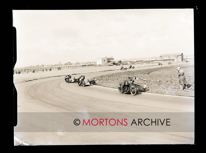 062 Glass Plate 05 
 Aintree road racing September 1954 - Stan Nightingale's Vincent twin leads Fron Purslow's Gold Star BSA and A Mellis, Norton. 
 Keywords: Glass plate, Mortons Archive, Mortons Media Group