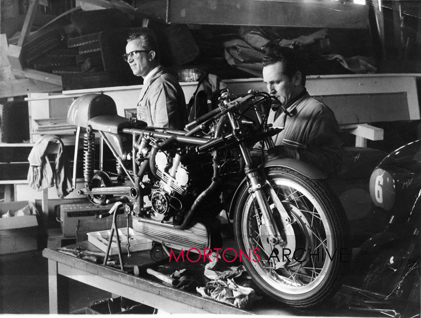 MV 16 
 Long-serving mechanics Arturo Magni and Vittorio Carrano work on a 350, in 1969. 
 Keywords: Mortons Archive, Mortons Media Group, MV