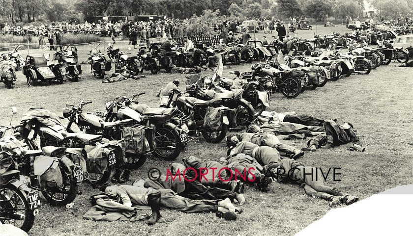 062 SFTP 05 
 Army riders take a well-erned rest. Many of them had gained the maximum 784 marks. 
 Keywords: Mar 11, Mortons Archive, Mortons Media Group, Straight from the plate, The 1951 National ACU Rally, The Classic MotorCycle