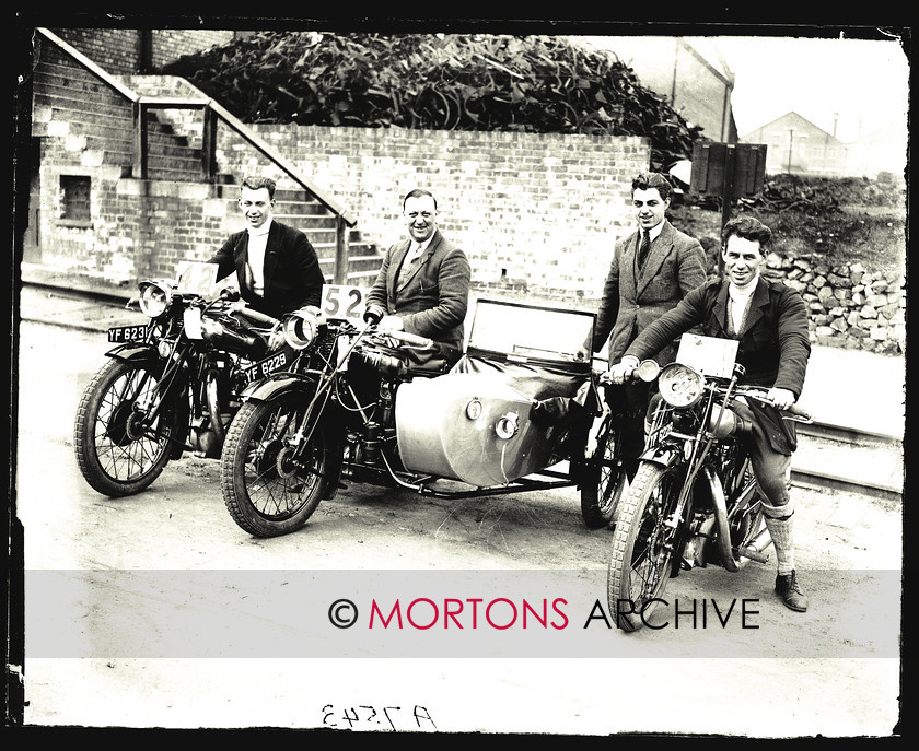 045 SFTP 01 
 ACU's Six Day Stock Machine Trial - 1927 - Matchless, T Hall and F W Neill on 'overhead' singles flank W F Gulver's V-twin. All were gold medal recipients. 
 Keywords: Glass Plates, Mortons Archive, Mortons Media Group Ltd, November, Straight from the plate