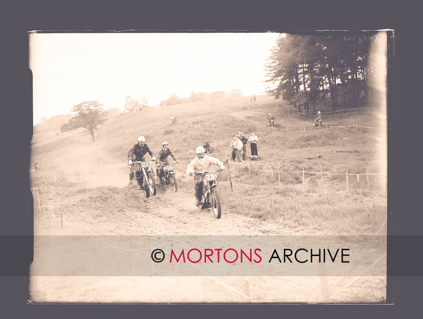 064 SFTP 03 
 Smith (BSA, 28) leads Dave Curtis (Matchless, 27) and Howarth (BSA, 16) 
 Keywords: 2012, Glass plate, January, Lancashire Grand National 1956, Mortons Archive, Mortons Media Group, Straight from the plate, The Classic MotorCycle