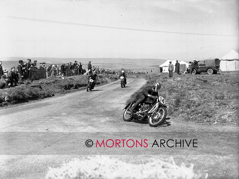 15198-13 
 Eppynt Road Race 1953. F Purslow (Earlesfork Velocette), leads No 5 AA Fenn (Rudge) and No 7 R Jones (Triumph) in the Lightweight event. 
 Keywords: 14, 15198-13, 1953, April 2010, eppynt road race, f purslow, glass plate, may, race 2, racing, road, road race, Straight from the plate, tcm, The Classic Motorcycle