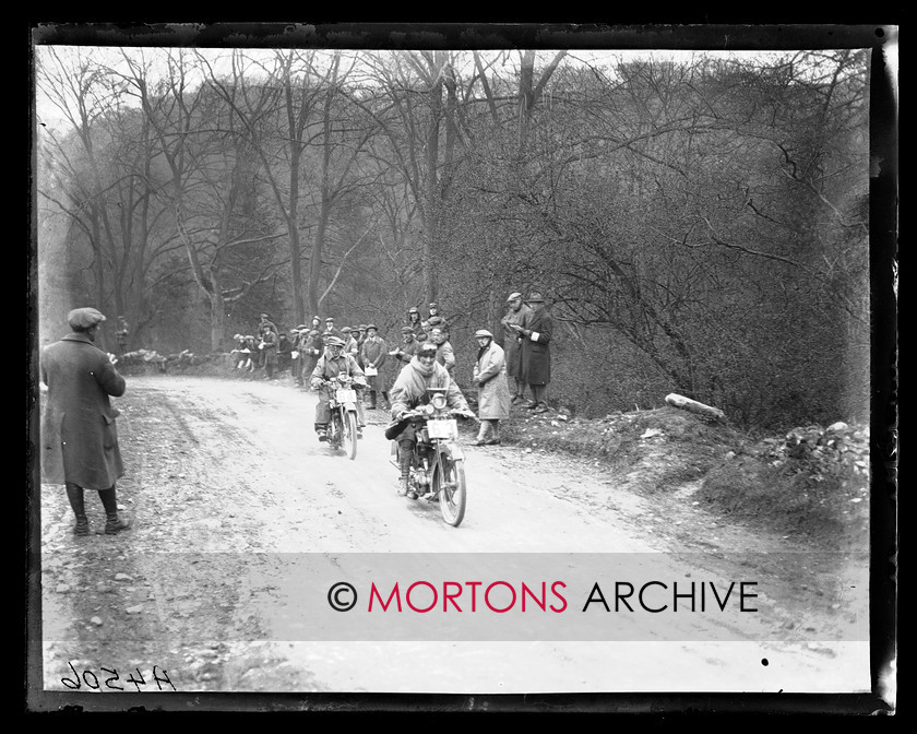 A4506 
 Marjorie Cottle (349cc Raleigh) leads H Turner (349cc Humber) at Scrawton Bank. 1925 ACU Stock Machine Trial. 
 Keywords: 1925, a.c.u, A4506, ACU Stock Machine Trial, glass plate, October 2009, stock machine trial, The Classic Motorcycle, trial
