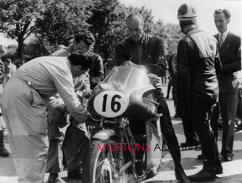 MV 02 
 Sleafords Dickie Dales 350cc four at the 1954 TT. Small capacity MV riding privateer Bill Webster tried it for size. 
 Keywords: Mortons Archive, Mortons Media Group, MV