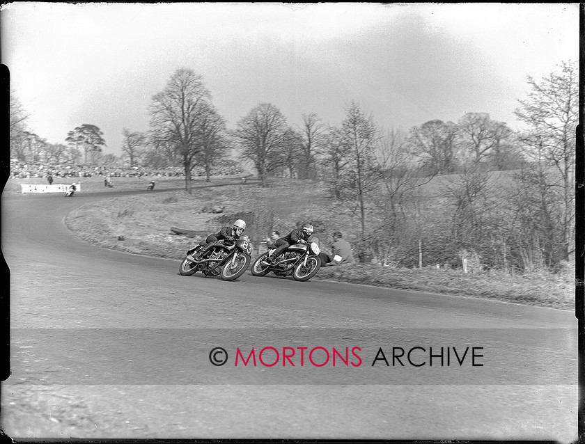 WD599531@TCM FT PLATE 017 copy 
 Phil Carter (73, AJS) and GR Dunlop (83, AJS) doing battle. 
 Keywords: 1956 Oulton Park, 2010, Mortons Archive, Mortons Media Group, November, Straight from the plate, The Classic MotorCycle