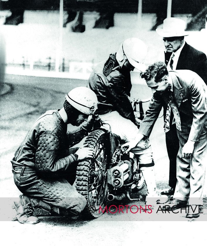 Archive-03 
 Stafford Show April 2020 display - Wembley Speedway track record attempt 1949 on the left Tommy Price the England and Wembley Speedway rider looking on as two jet-rockets are fitted to Ken Le Breton's speedway machine. 
 Keywords: 2020, April, Mortons Archive, Mortons Media Group Ltd, Motor Cycle, Show display, Stafford Show