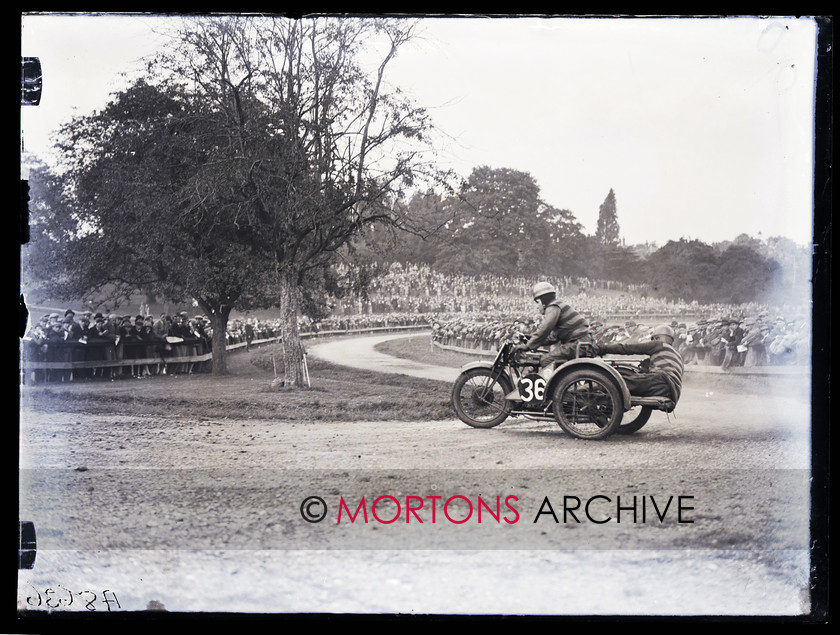 062 SFTP 003 
 Crystal Palace road races, September 1927 - Cornering in the Gatwick Cup sidecar race is Pallanza, on his ohv Triumph. 
 Keywords: 1927, Crystal Palace, Glass plate, Mortons Archive, Mortons Media Group, Straight from the plate