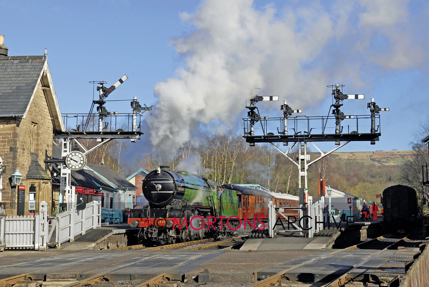 4771Grosmont 
 On one of its last duties before withdrawal, LNER V2 2-6-2- No 4771 Green Arrow departs from Grosmont with LNER teak stock. 
 Keywords: Heritage Railway, Mortons Archive, Mortons Media Group