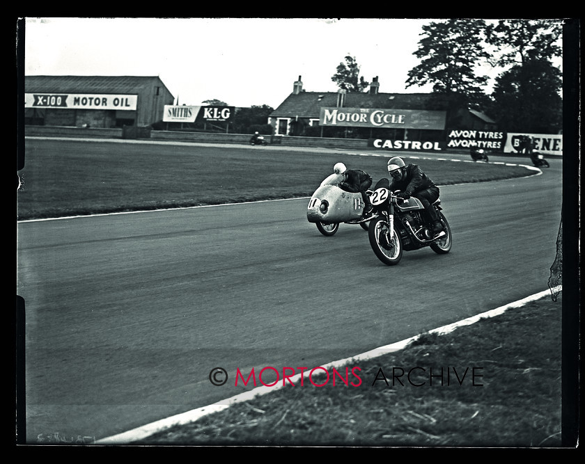 Aintree 1956 05 
 Aintree 1956 - No. 22 Mike O'Rourke on a 203cc MV with Louis Carr (500cc G45 Matchless) chassing. 
 Keywords: 1956, Aintree, Glass Plates, Mortons Archive, Mortons Media Group Ltd, Racing, September, Straight from the plate, The Classic MotorCycle