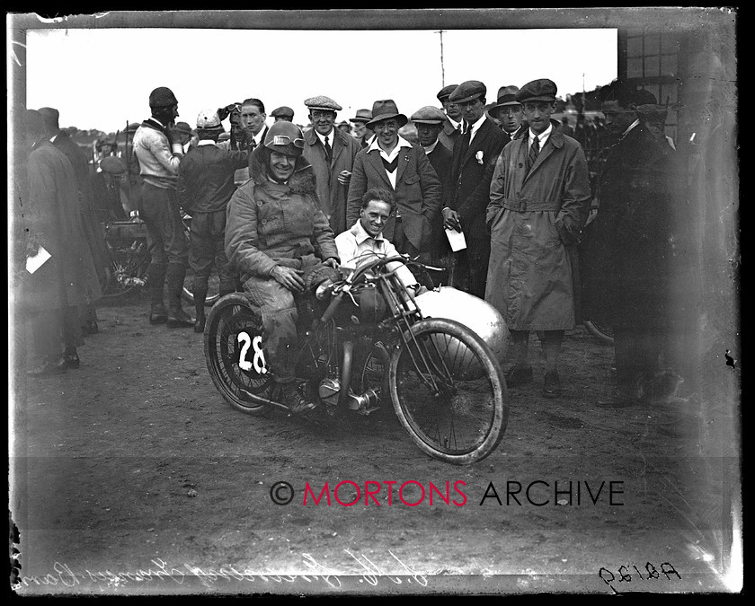 A2129 
 British Motor Cycle Racing Club's 5th monthly meeting, Brooklands 1923. SM Greening with his 344cc JAP-powered Francis-Barnett outfit, winner of the sidecar scratch race. 
 Keywords: 1923, 5th meeting, A2129, bmcrc, brooklands, December 2009, glass plate, Straight from the plate, The Classic Motorcycle