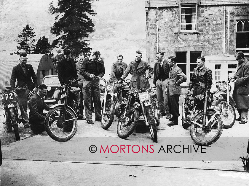 C21827 1948 SSDT 
 1948 SSDT - A happy group at Fort William. Among the riders are A.J Bradford (348 B.S.A), R.Chidgey (348 B.S.A), T.I. Ellis (346 Royal Enfield), C.N Rogers (346 Royal Enfield), G.E Broadbent (248 Royal Enfield), R.A.M Porter (248 Velocette), and J.Plowright (346 Royal Enfield)- C21827 
 Keywords: 1948, Mortons Archive, Mortons Media Group, Sottish Six Day Trial