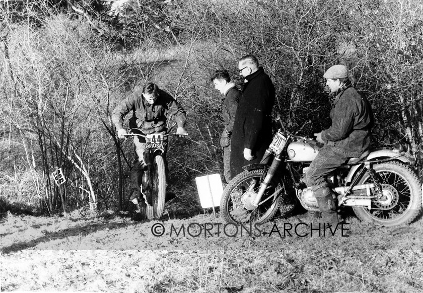 NNC-T-A-30 
 NNC T A 030 - Christmas Eve Trial at Hazelmere in 1961, No. 44 Gordon Adsett watched by his brother Derek and Bill Snelling. 
 Keywords: Mortons Archive, Mortons Media Group Ltd, Nick Nicholls, Trials